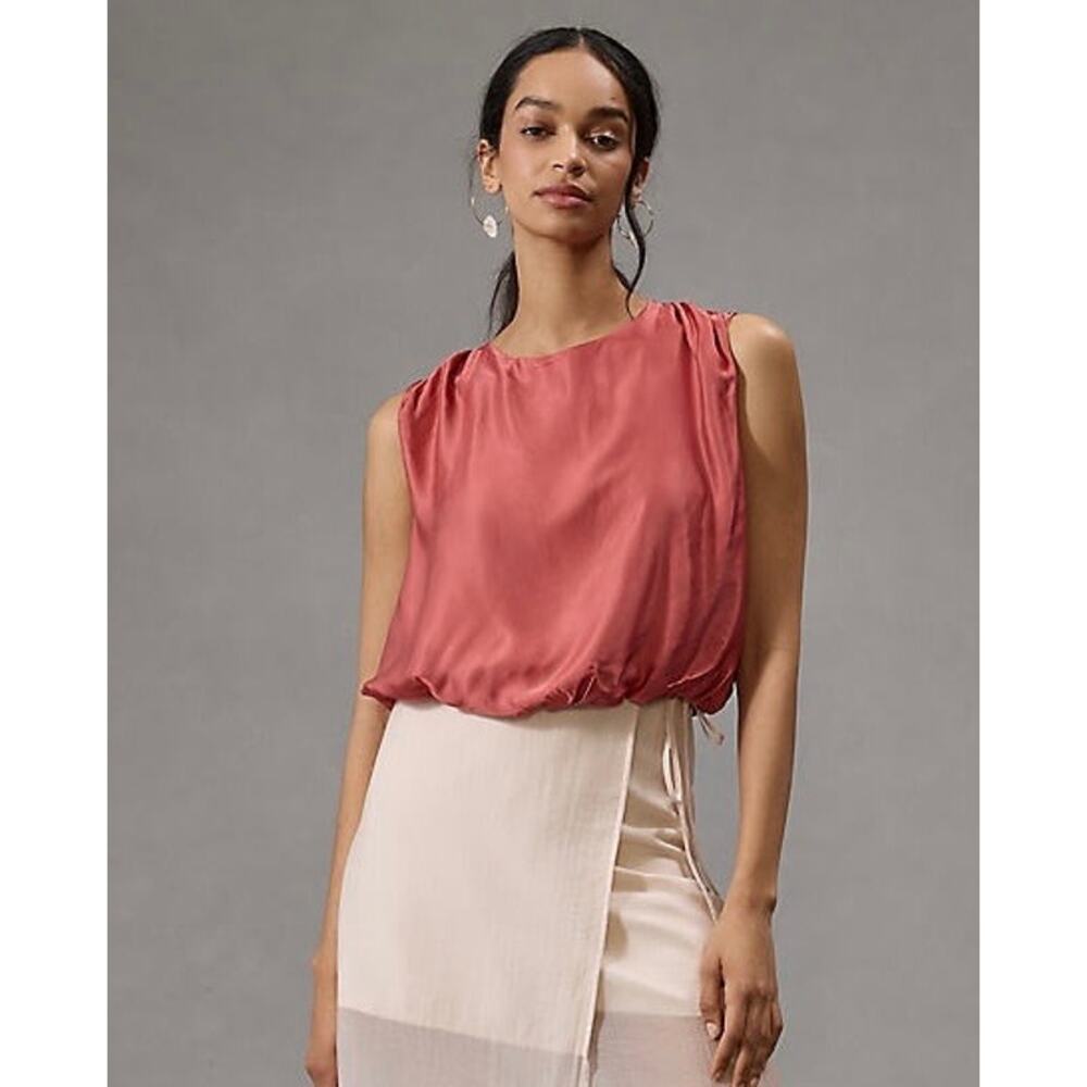 By Anthropologie Silky Boatneck Blouse Top Pink M Bubble Hem Elegant Classy EUC